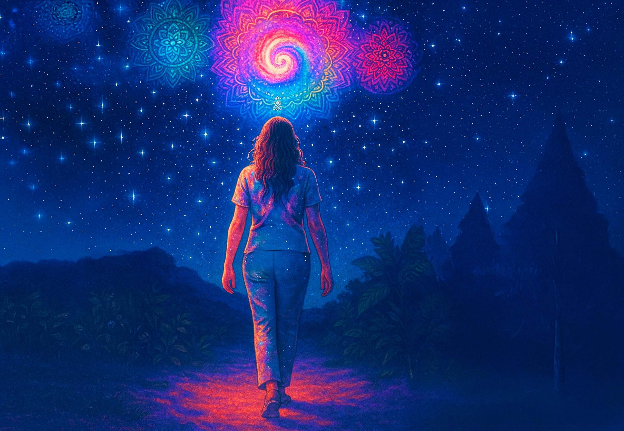 Cosmic spiritual background with person walking toward mandala galaxy